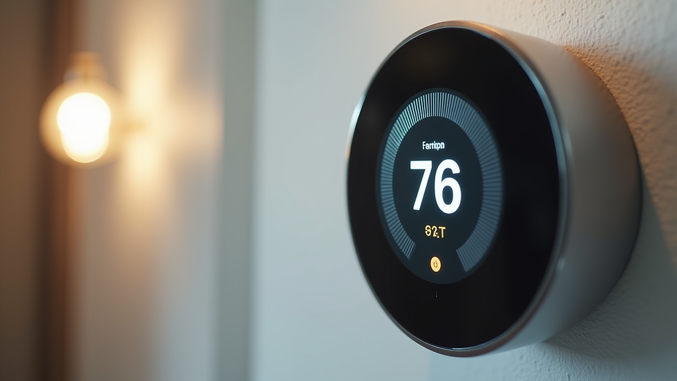 Close-up of a smart thermostat on a wall with energy usage display