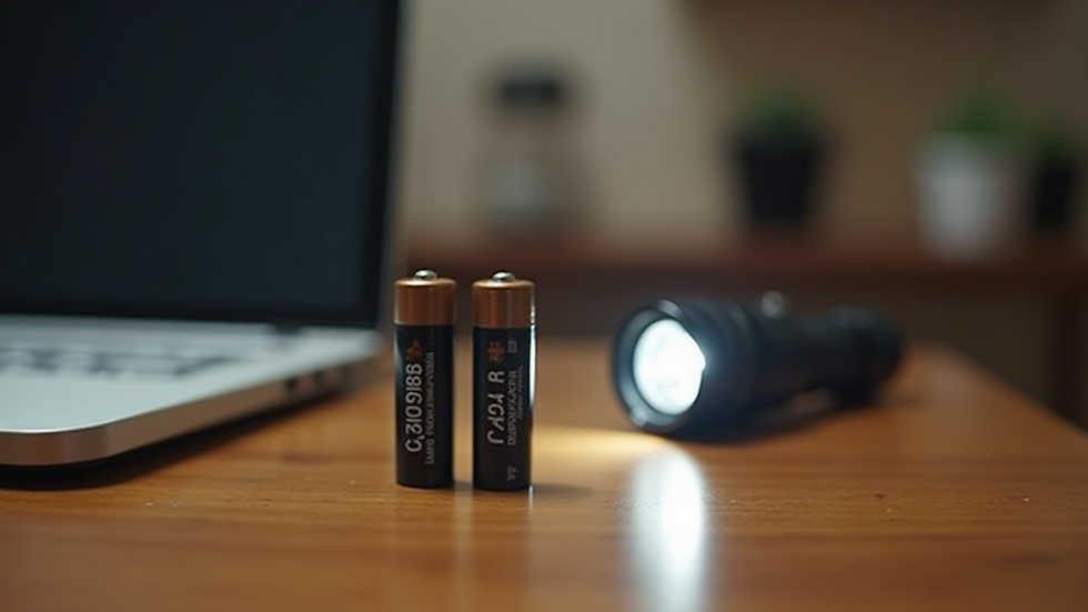 Eye-level view of a flashlight and batteries on a wooden table