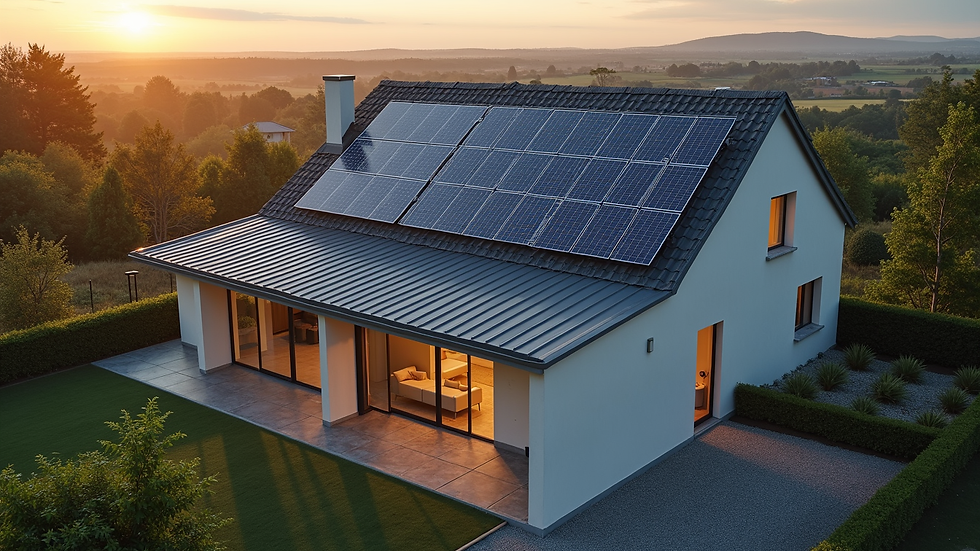 High angle view of a modern home with solar panels and battery system on the roof