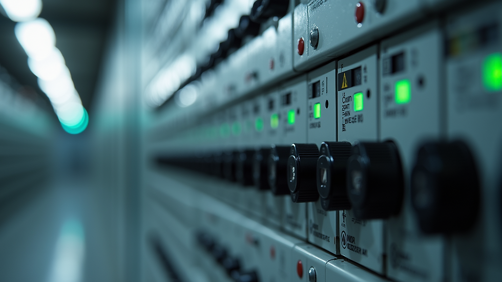 Eye-level view of a modern electrical panel with circuit breakers