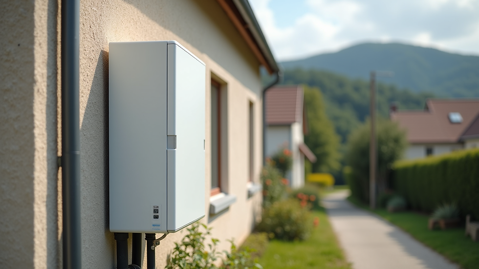 Eye-level view of a solar battery system installed on a residential wall
