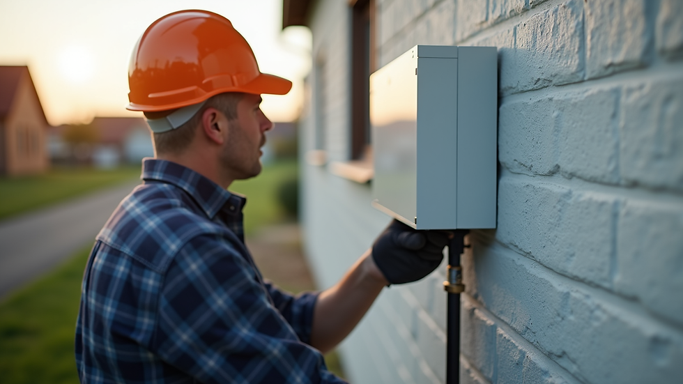 Close-up view of a technician installing a home battery system on a residential wall