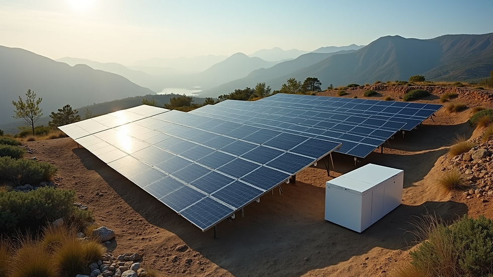 High angle view of a solar panel array with a battery storage unit nearby