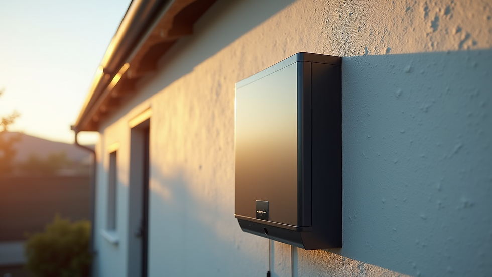 Eye-level view of a solar battery system installed on a residential wall