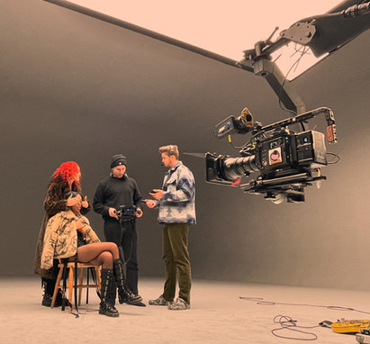Nova Twins on the set of Monsters music promo, a Jimmy Jib and Arri camera points at them