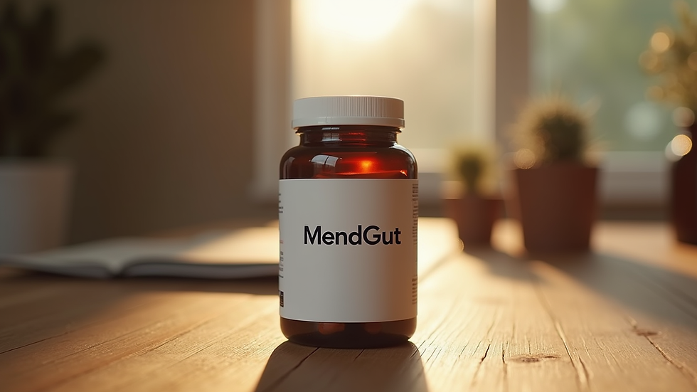 Close-up view of MendGut supplement bottle on wooden table