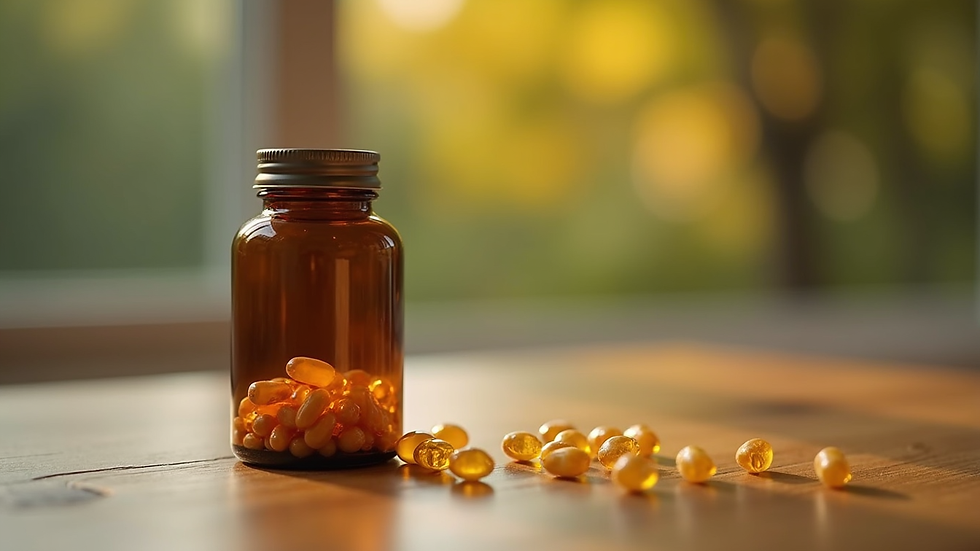 Eye-level view of a bottle of goldenseal capsules on a wooden table