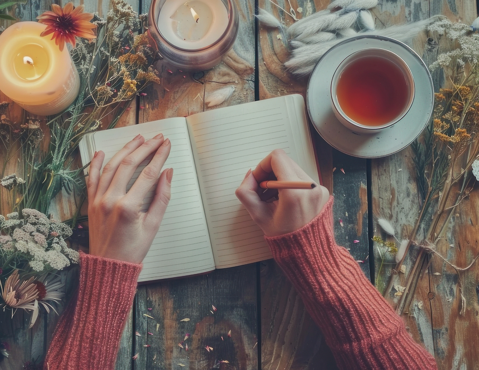 Hands writing in a lined notebook on a rustic wooden table, surrounded by candles, tea, and dried flowers, creating a cozy atmosphere.