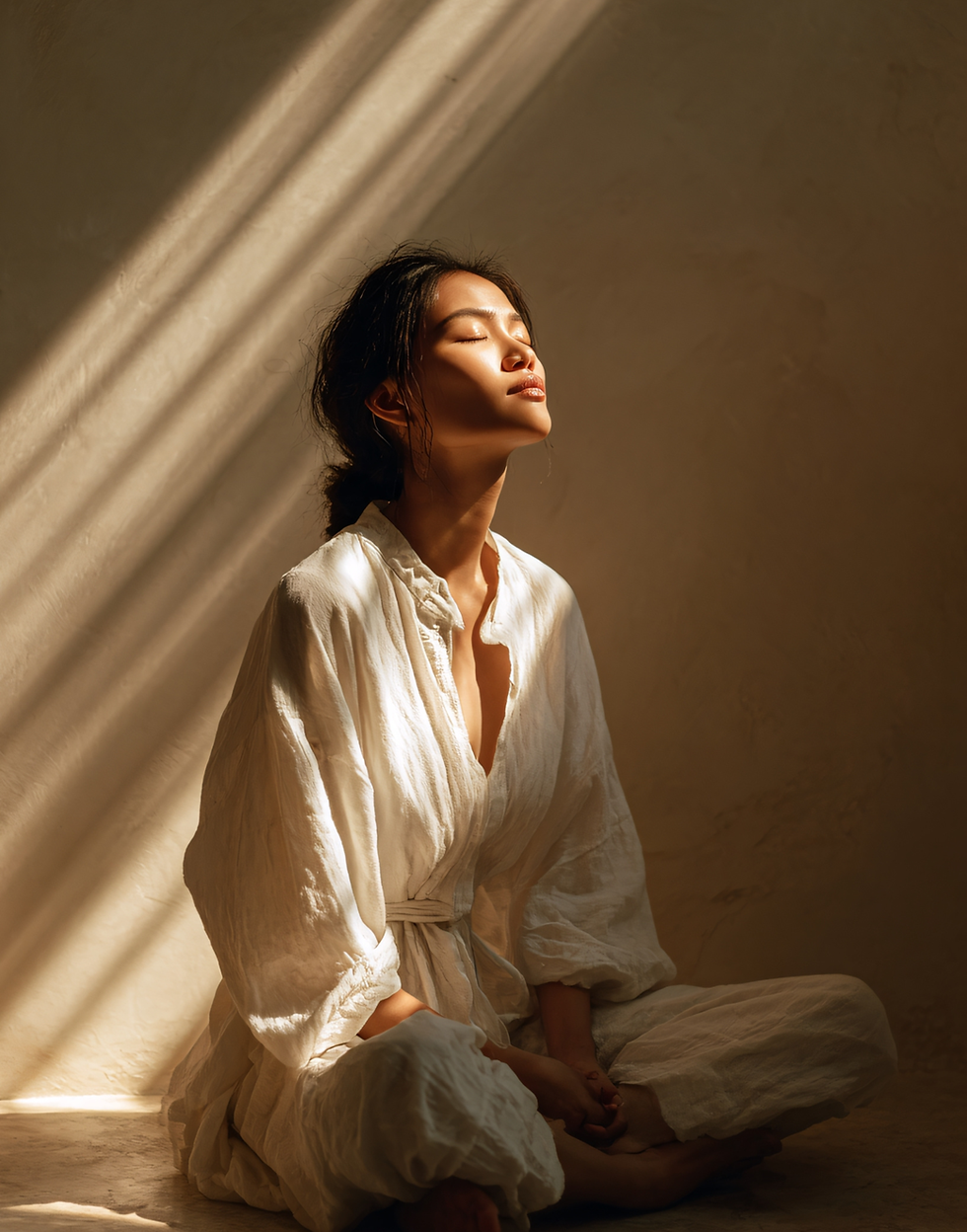 Woman sitting peacefully in warm sunlight with eyes closed, wearing a soft white linen outfit—symbolizing healing, rest, and emotional recovery after burnout. Perfect visual for “Healing After Survival Mode” and reconnecting with yourself through calm, intentional living.