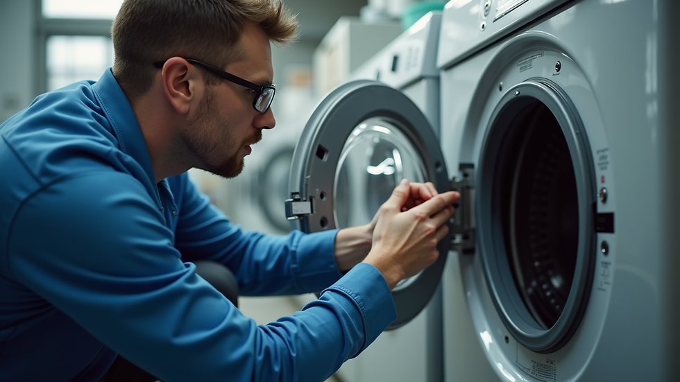 Close-up view of a technician repairing a washing machine