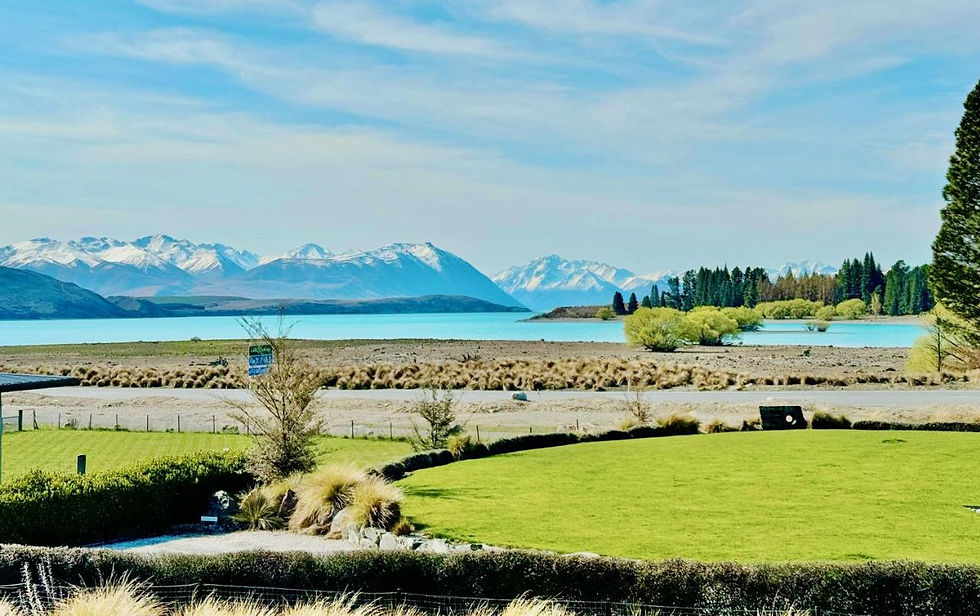 Lake Tekapo and mountain view from the garden at Cedar Lakeview