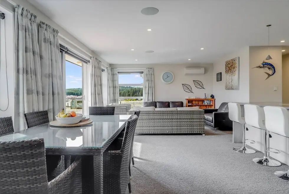 Open-plan living and dining with mountain views at The Star Yard, Lake Tekapo
