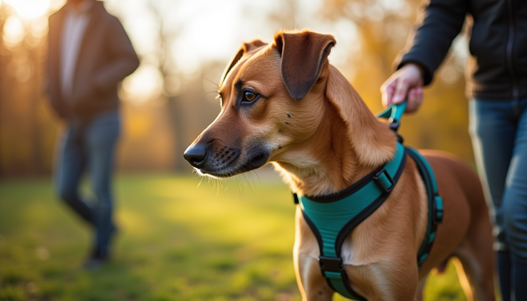 Close-up view of a dog’s harness and leash held firmly by an owner during a walk
