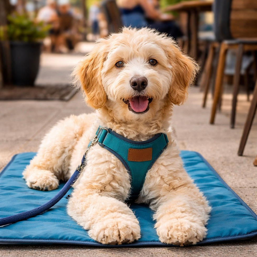 A puppy practicing “place” command in public