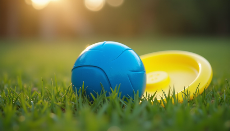 Eye-level view of a bright blue ball and yellow frisbee on green grass