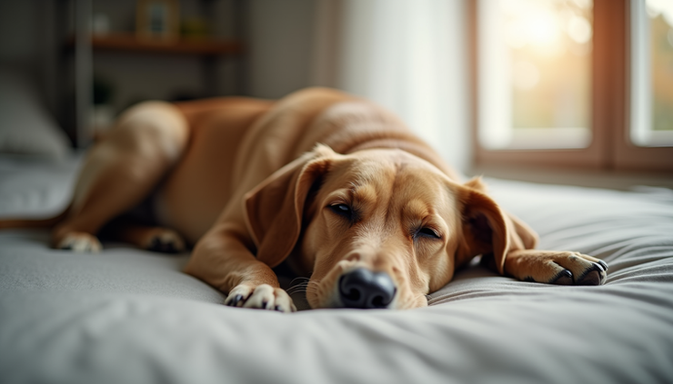 High angle view of a dog peacefully lying on a bed indoors after coming back from outside