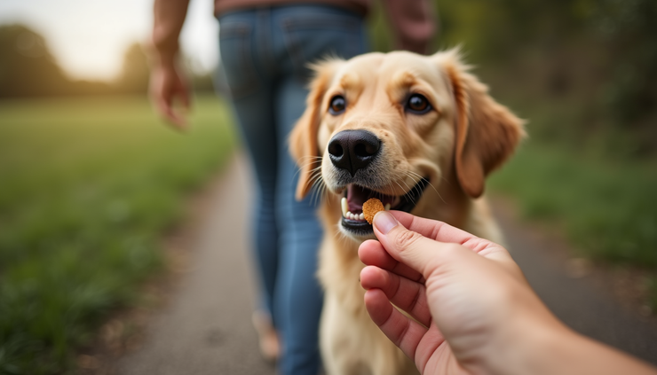 Close-up of a dog owner gently redirecting a dog’s attention with a treat during a walk