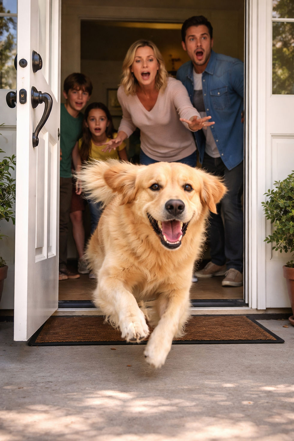 A golden retriever running out of the front door while his family stands shocked
