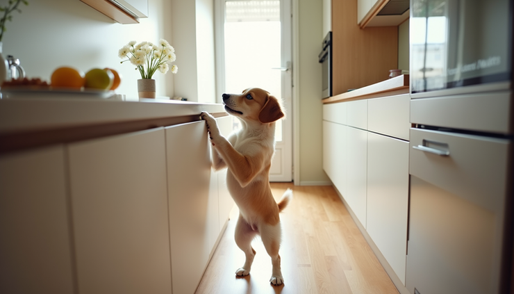 Eye-level view of a dog standing on hind legs reaching for food on a kitchen counter