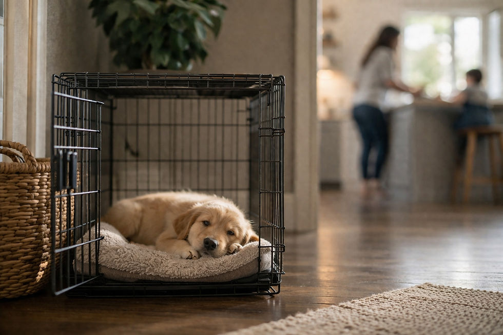 A young puppy training with San Diego Dog Training in settling in kennel comfortably
