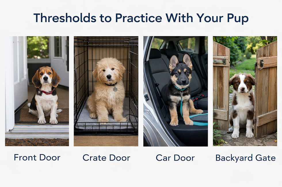 Thresholds to practice with your pup. Front door, crate door, car door, and backyard gate.