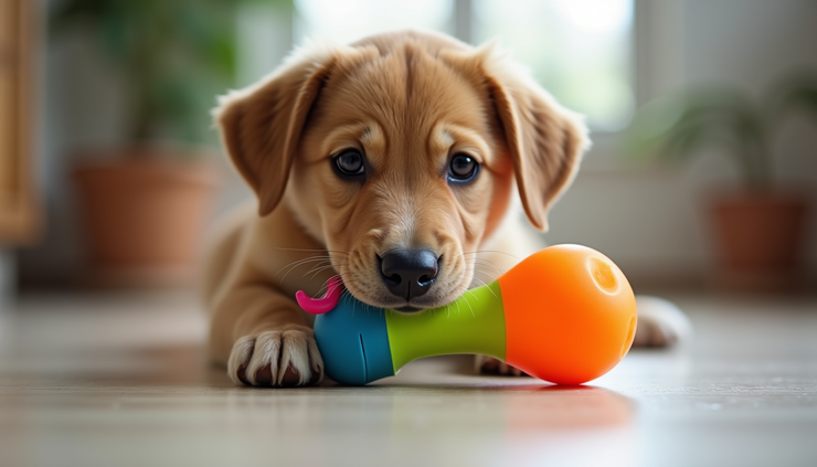 Eye-level view of a puppy chewing on a colorful rubber toy in a living room