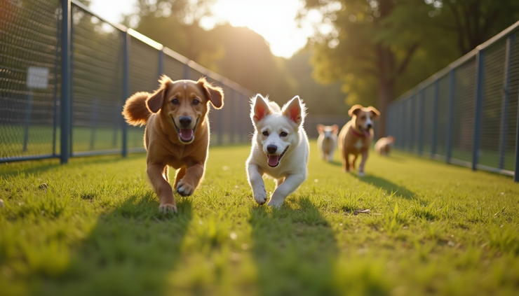 Eye-level view of a fenced dog park with several dogs playing together