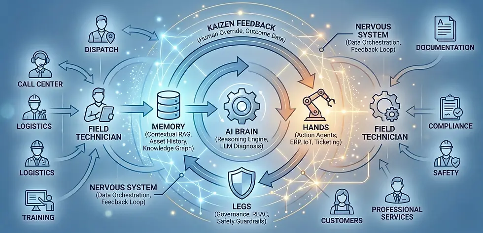 AI-powered service operations ecosystem diagram showing AI brain, knowledge memory, action agents, and field technician workflow integration