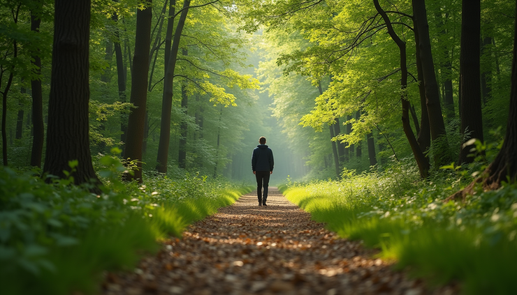 Vue à hauteur d'œil d'une personne marchant dans un sentier forestier paisible