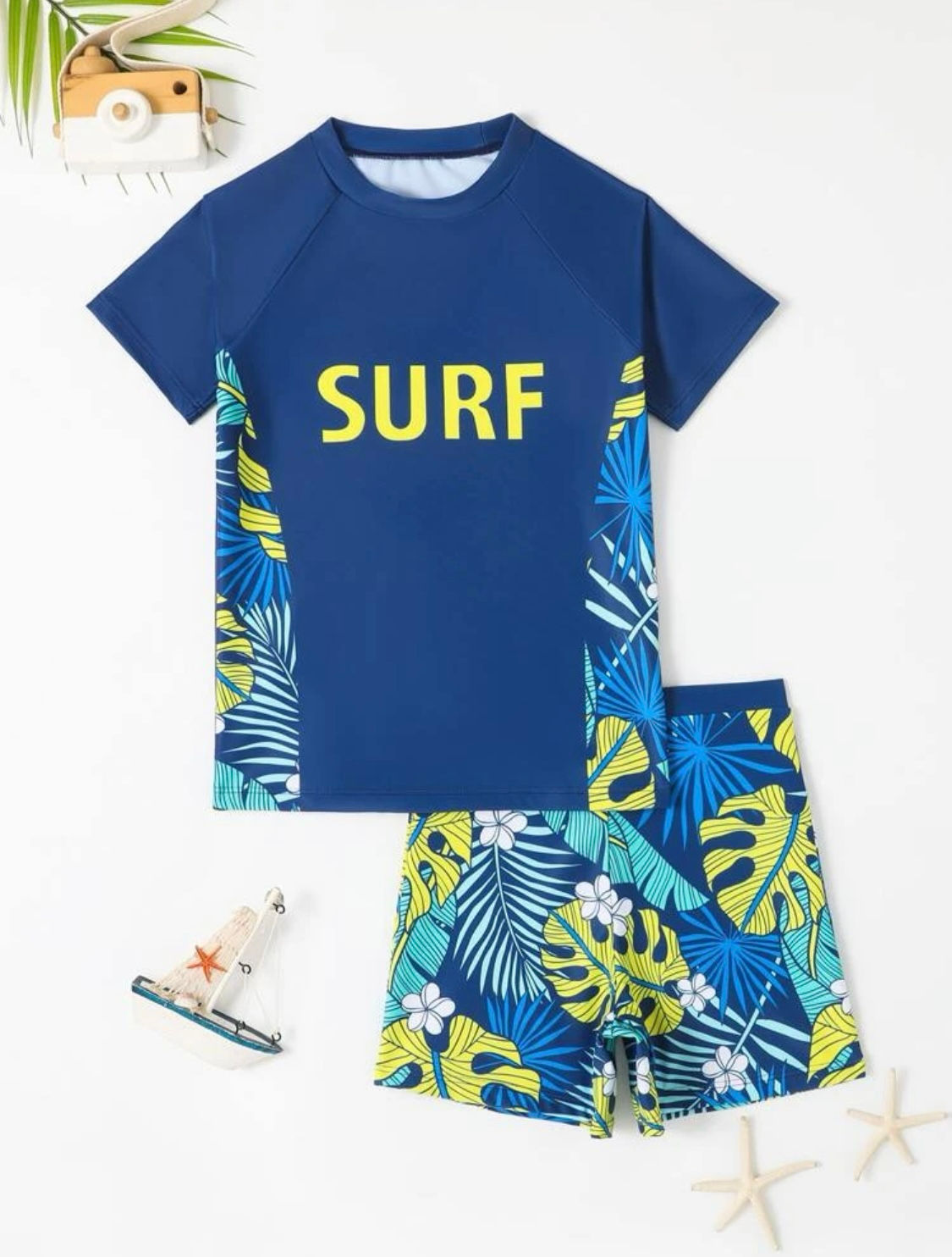 BAÑADOR DOS PIEZAS ESTAMPADO TROPICAL MANGA CORTA