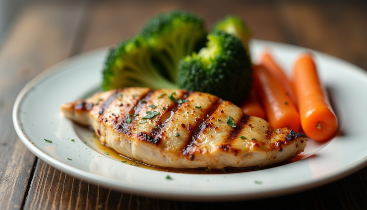 Close-up view of a plate with grilled chicken breast and steamed vegetables