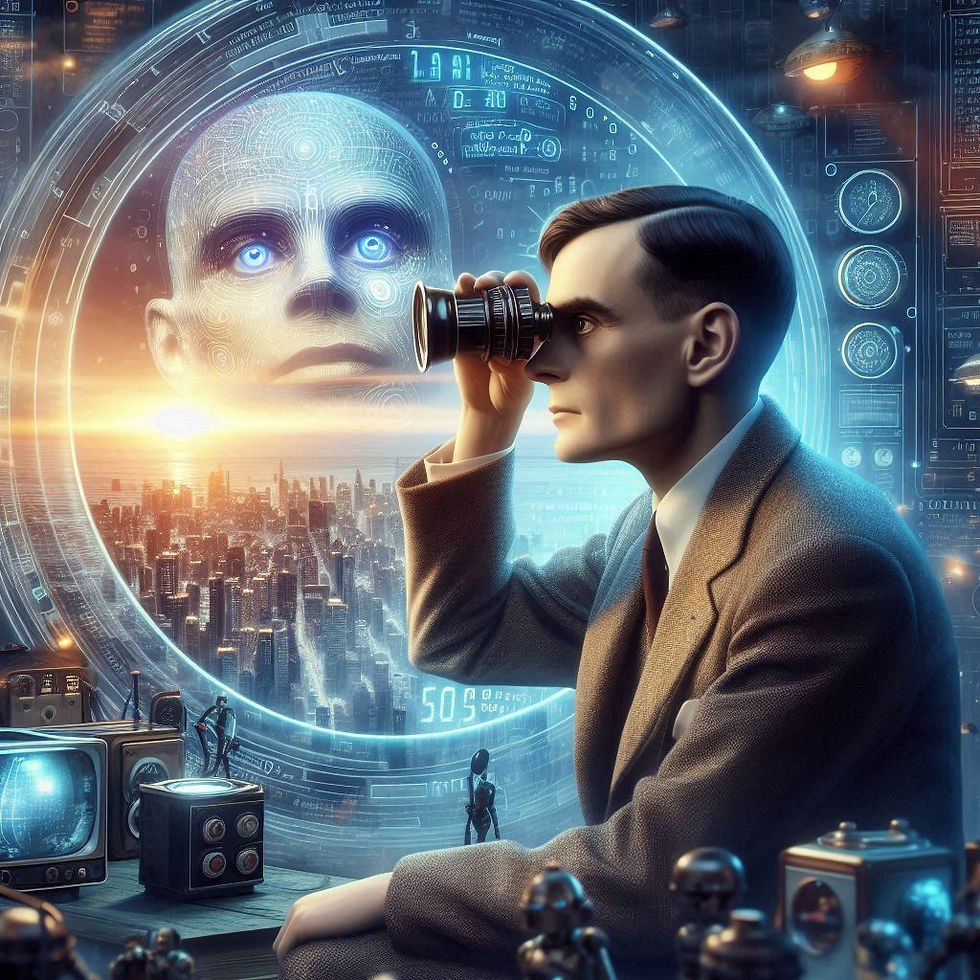 Alan Turing observando as mudanças causadas pela IA no mundo moderno