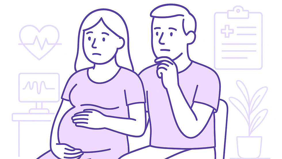 Partner supporting a pregnant woman who feels dizzy due to high blood pressure symptoms.