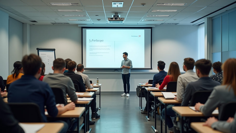 Eye-level view of a modern classroom with students engaged in project management training