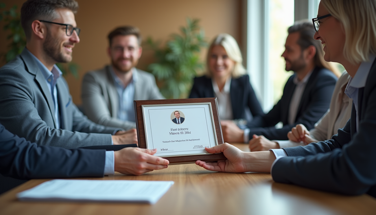 Eye-level view of a project manager receiving a personalized award plaque in a team meeting room