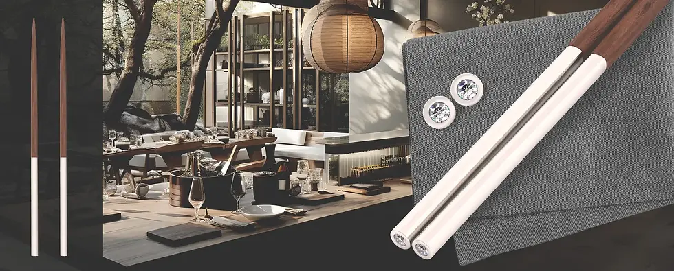  Luxurious chopsticks with 44 varieties of natural gemstones such as sapphires, diamonds, rubies, emeralds etc. in sterling silver refined with 18K gold, white gold, rose gold, yellow gold from the luxury brand englow in cooperation with Sonja Quandt