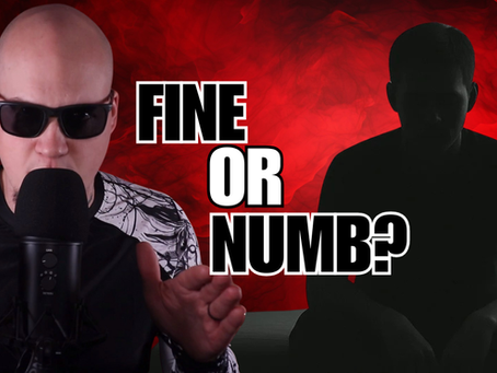 Kurtis Mercer speaking intensely into a microphone wearing sunglasses and a black shirt with white patterned sleeves, with bold text reading “FINE OR NUMB?” beside the dark silhouette of a seated man against a deep red background — symbolizing hidden pain, emotional numbness, and the struggle men face beneath the surface.