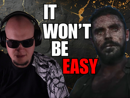 Man with headphones and microphone beside gritty, battle-worn man with text “It Won’t Be Easy” — symbolizing storms of life and freedom in Christ