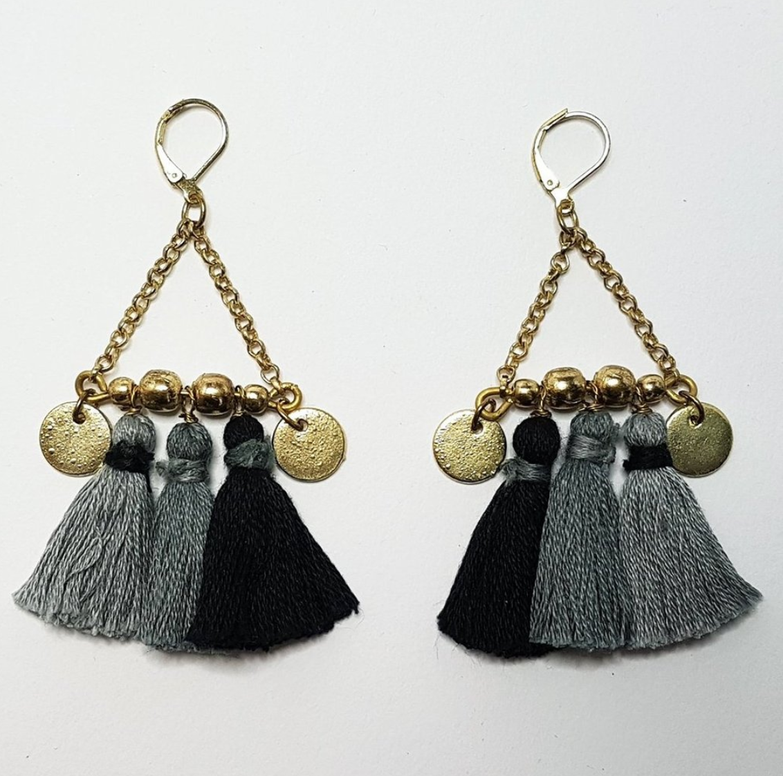 Kalena Triple Tassel Earrings - Charcoal & Gold
