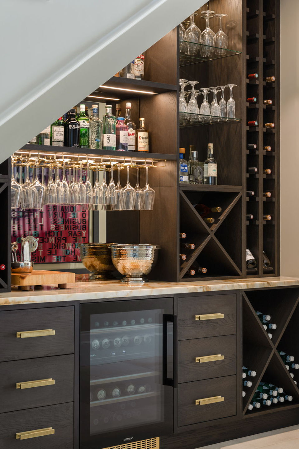 bespoke wine cellar, wine room, bespoke bar in dark stained oak, marble countertops
