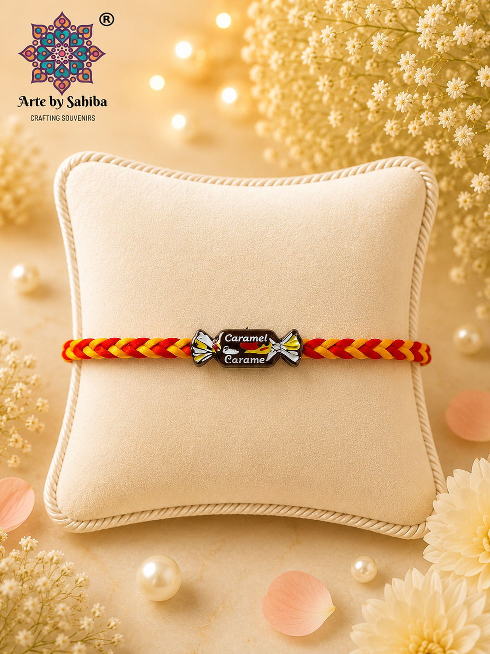Arte by Sahiba miniature wrapped caramel candy pod rakhi on a vibrant red and yellow braided thread, displayed on a cream vel