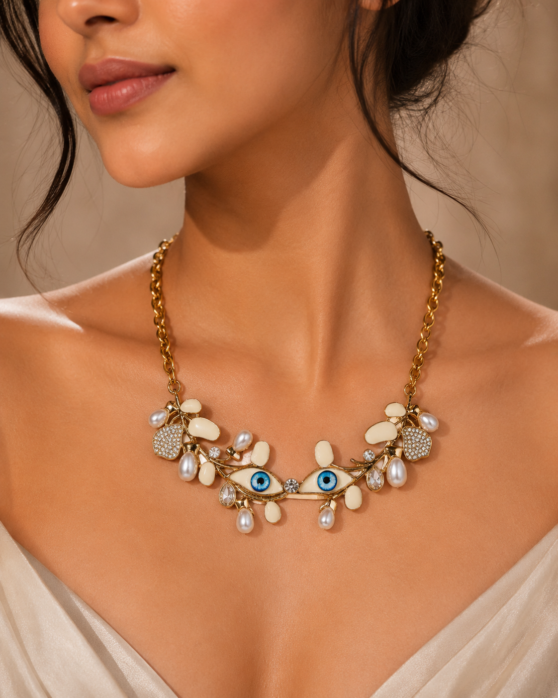 Gold enchanted eye pearl necklace with blue evil-eye design, pearl drops, and crystal accents, bold statement jewelry