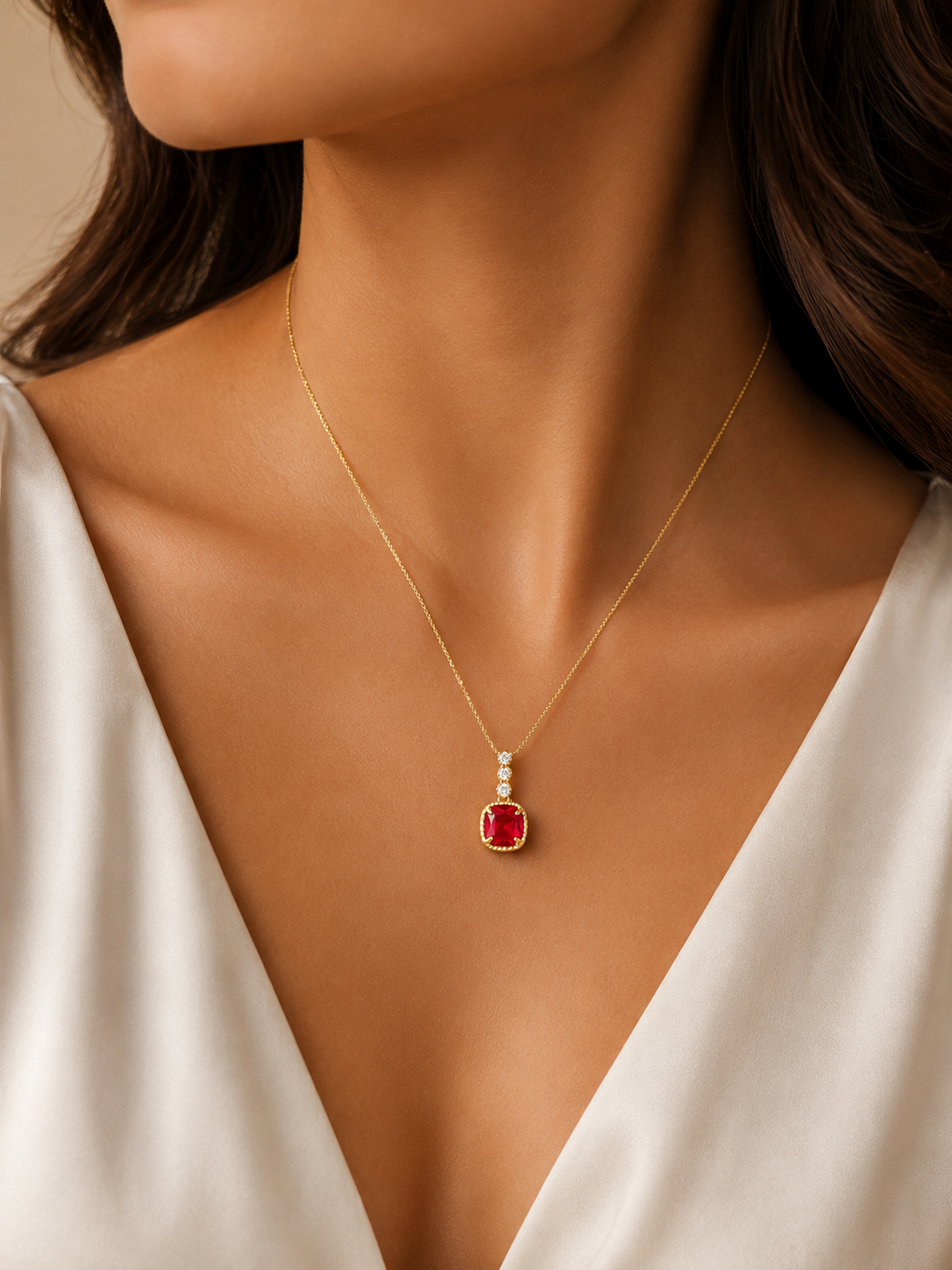 Gold-plated necklace featuring a ruby-red cushion-cut stone pendant with sparkling zircon accents, worn by a model.