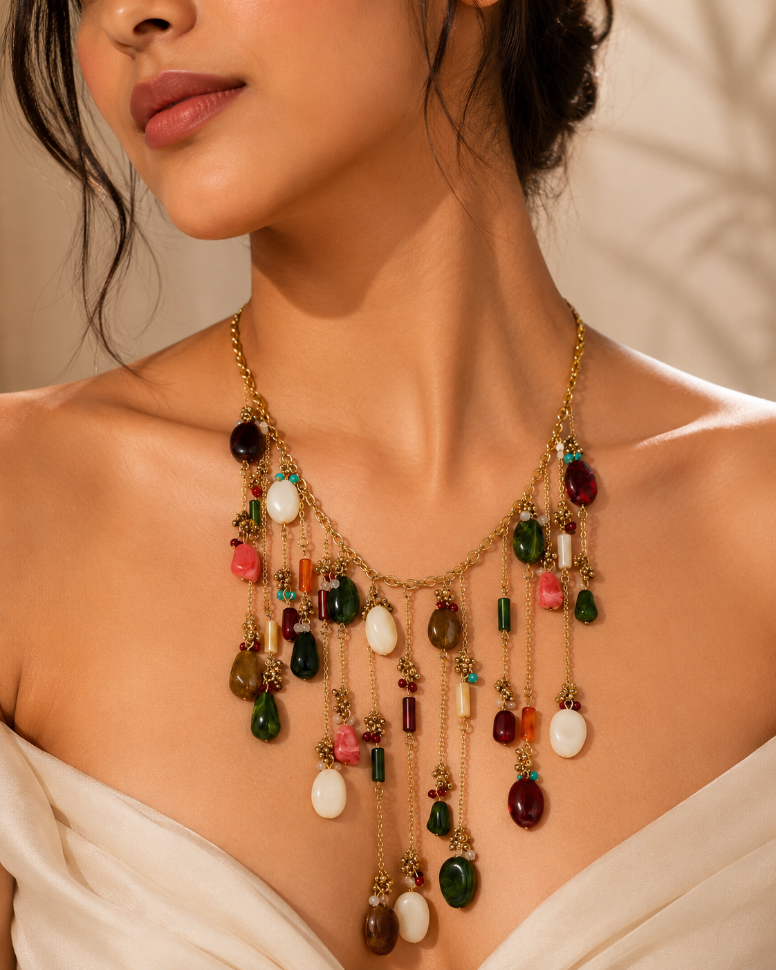 Gold statement necklace with cascading multi-colored stones and layered chain design, bold luxury jewelry piece for women