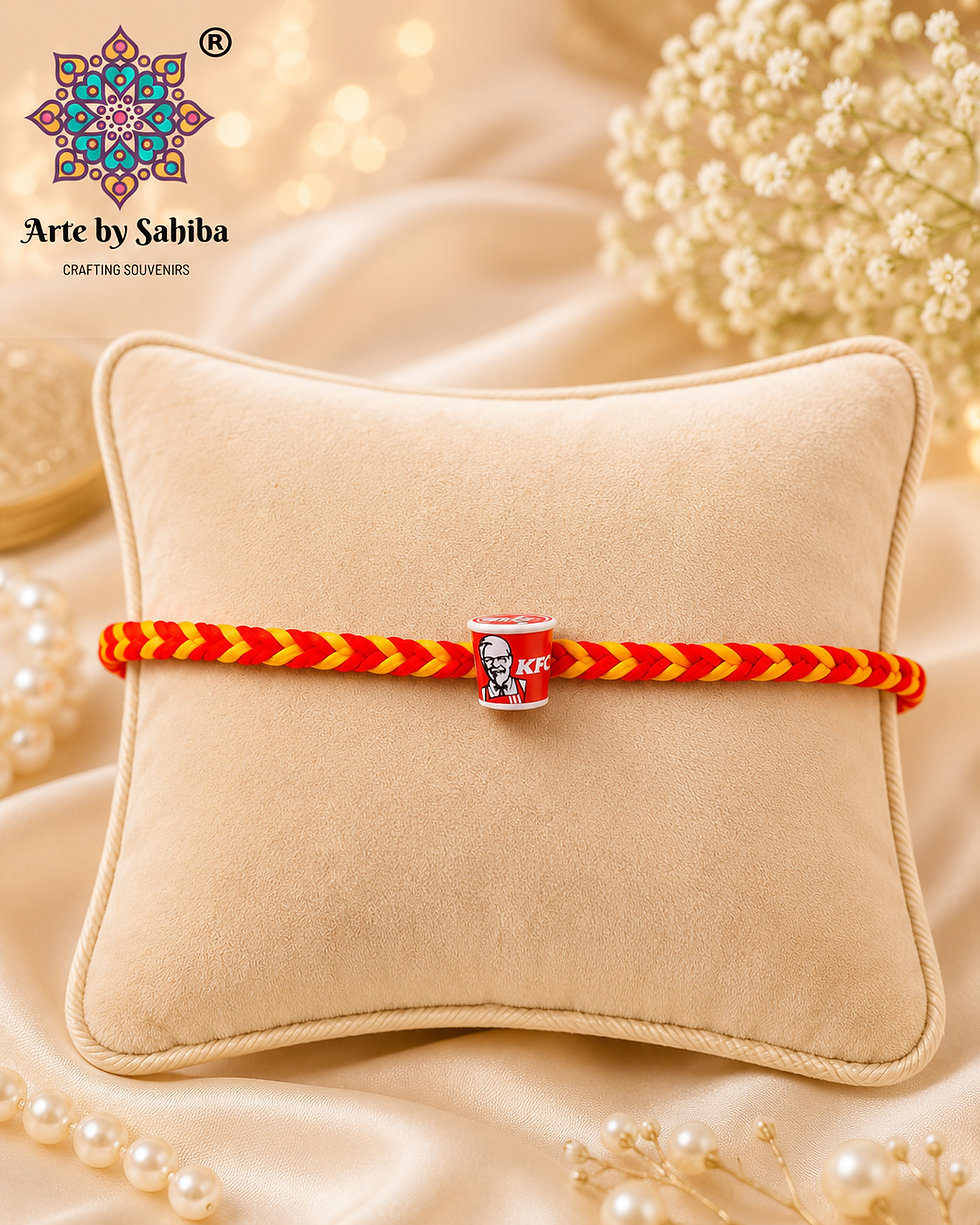The miniature red and white KFC bucket magnet charm is attached to a vibrant red and yellow braided wristband.