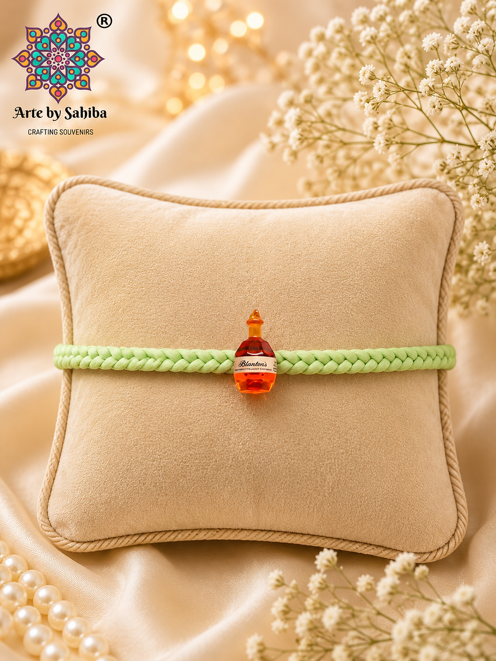 The miniature amber whiskey bottle magnet charm is set on a light green braided wristband.