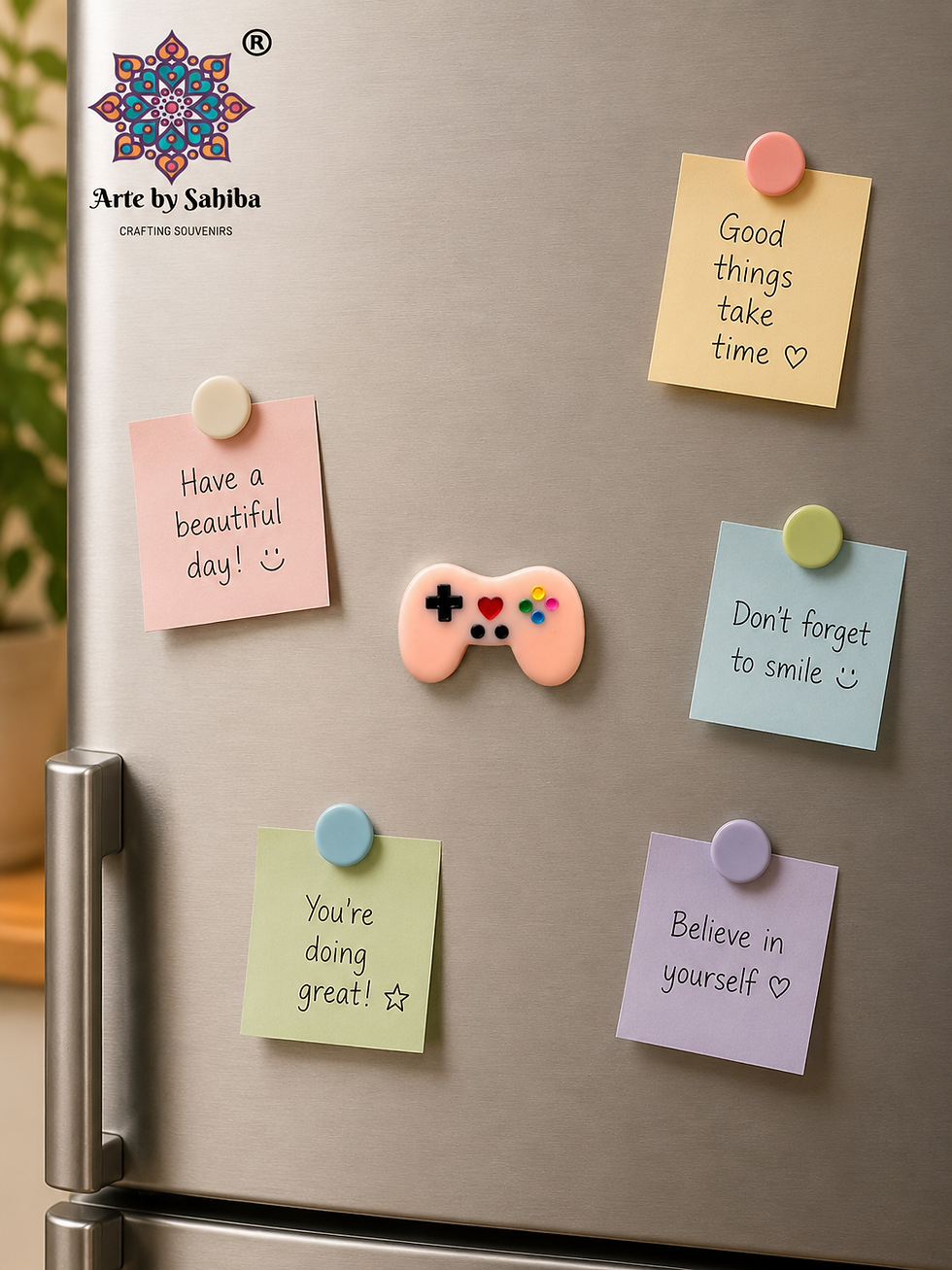 2-in-1 peach gamer controller Rakhi with pastel braided thread on a cushion, shown converting into a fridge magnet by Arte by