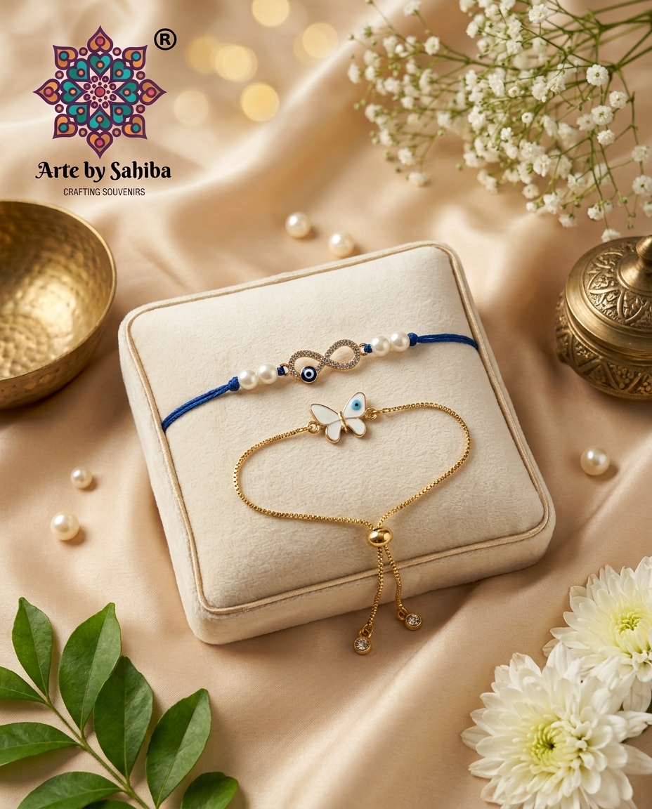 Premium Evil Eye Rakhi set featuring an infinity thread charm with pearls on a blue cord and an adjustable gold-plated white