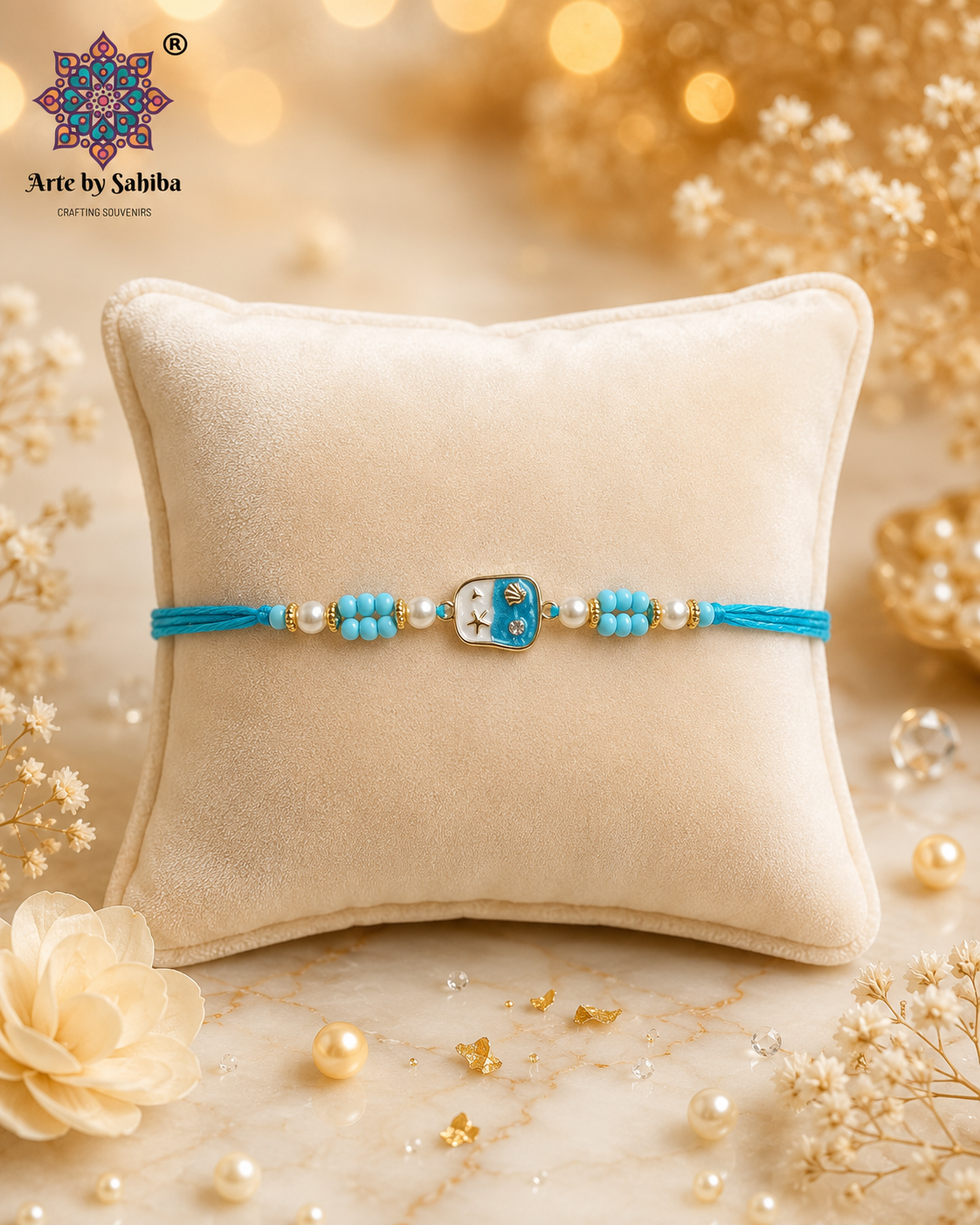 Handmade beach-themed rakhi featuring a shell-inspired centerpiece with turquoise blue beads, pearl accents