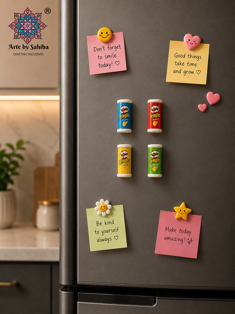 Quirky Pringles Rakhi Fridge Magnet set of 4 miniature canisters in blue, red, yellow, and green attached to matching braided